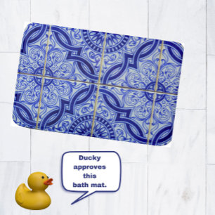 Tapis De Bain Bleu + Blanc Méditerranée Azulejo Carrelage Motif