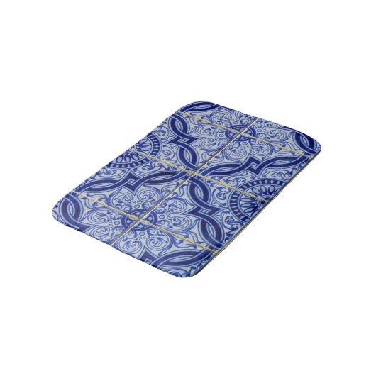 Tapis De Bain Bleu + Blanc Méditerranée Azulejo Carrelage Motif (Angle)