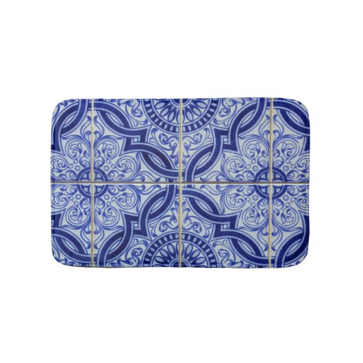 Tapis De Bain Bleu + Blanc Méditerranée Azulejo Carrelage Motif (Devant)