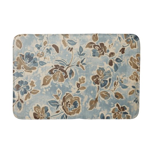 Tapis De Bain Bleu Brun Tan Floral Rustique (Devant)