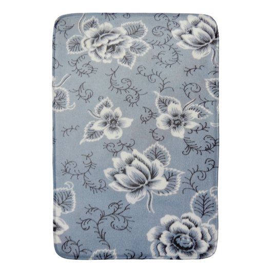 Tapis de bain bleu colonial du motif de fleur | (devant Vertical)