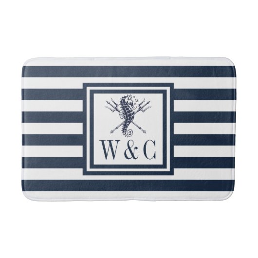 Tapis De Bain Bleu de la marine Monogramme Nautique Cheval de me (Devant)