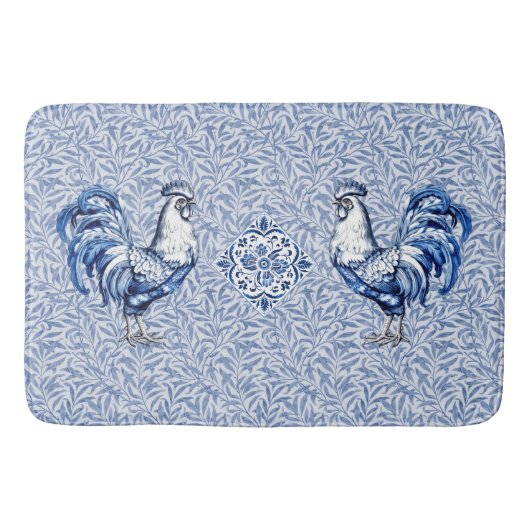 Tapis De Bain Bleu Delft Et Poulet Blanc Rooster (Devant)
