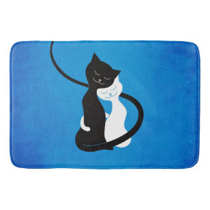 Tapis De Bain Bleu étreignant des chats d'amour