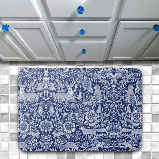 Tapis De Bain Bleu foncé Blanc Bois Animaux Nature Art