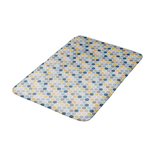 Tapis de bain bleu, jaune et gris (Angle)