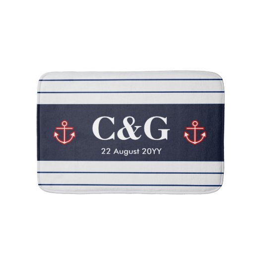 Tapis De Bain Bleu marine Navy rayures blanches (Devant)
