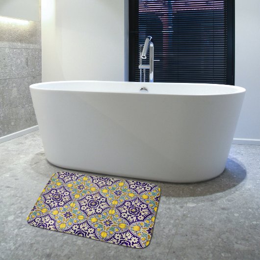 Tapis De Bain Bleu Méditerranée Motif Fleurs Jaunes