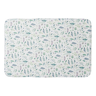 Tapis De Bain Bleu Motif de feuilles traditionnelles sur blanc