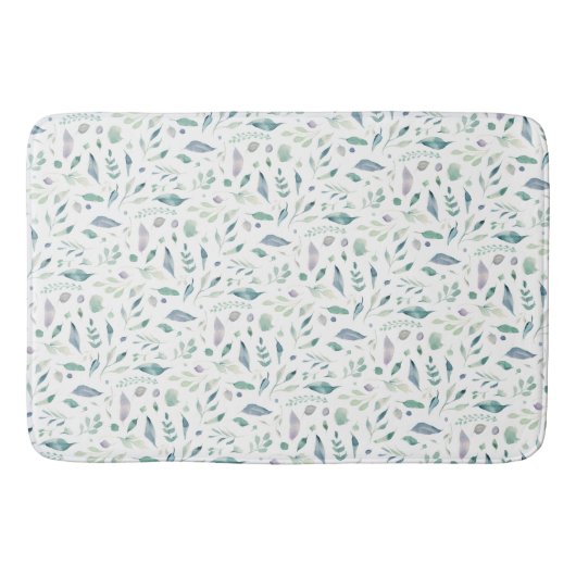 Tapis De Bain Bleu Motif de feuilles traditionnelles sur blanc (Devant)