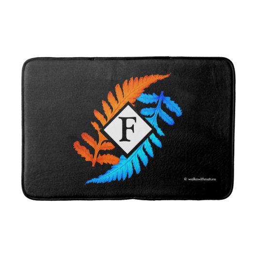 Tapis De Bain Bleu orange japonais peint fougères Monogramme (Devant)