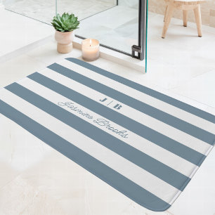 Tapis De Bain Bleu Poussiéreux et Larges Rayures Blanches Monogr