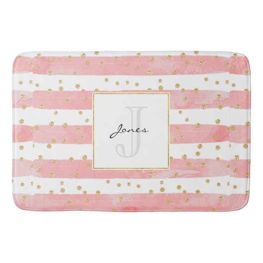 Tapis De Bain Bleu rose | Faux Gold Confetti Monogramme (Devant)