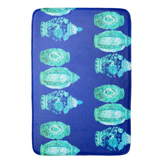 Tapis De Bain Bleu Vert Blanc Élégant Monogramme Ginger Jar (devant Vertical)