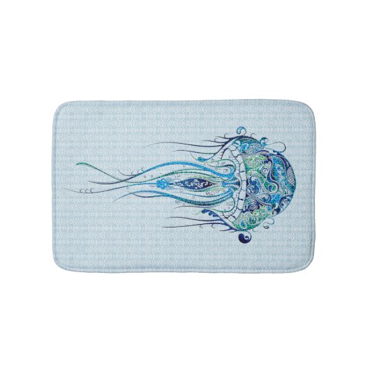 Tapis De Bain Bleu-Vert méduse rétro sur bleu Arrière - plan 2 (Devant)