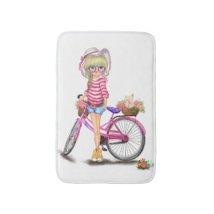Tapis De Bain Blonde Mat Bain Fille avec Vélo Rose