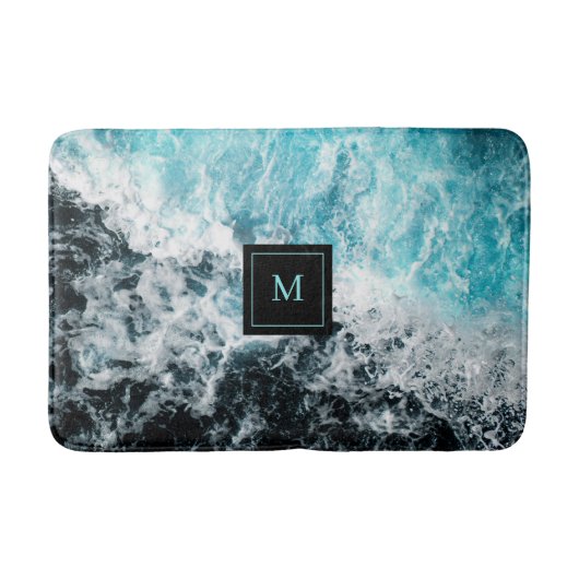 Tapis De Bain Blue Black Ocean Waves Hawaii Monogramme (Devant)