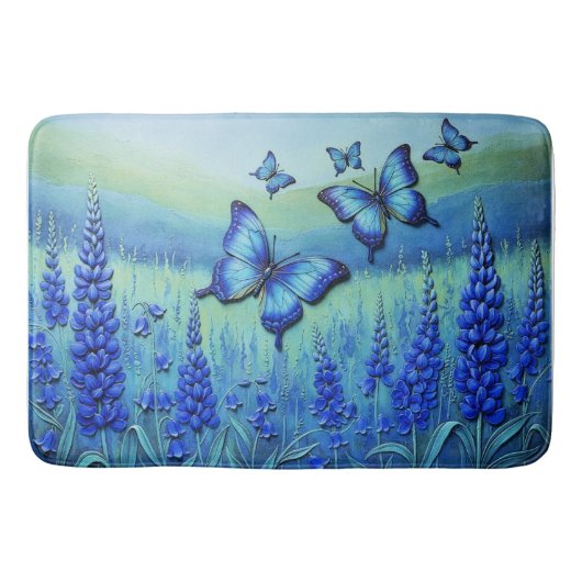 Tapis De Bain Blue Butterflies with Blue Flowers, (Devant)