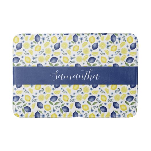 Tapis De Bain Blue French Country Lemon Pattern Monogram Name (Devant)