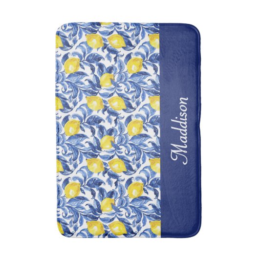 Tapis De Bain Blue French Country Lemon Pattern Monogram Name (Devant (Vertical))