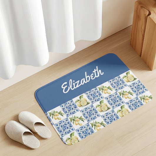 Tapis De Bain Blue Tile French Country Lemon Custom Name