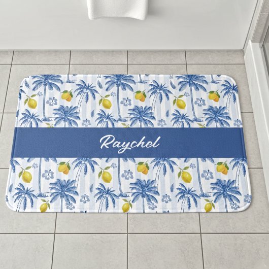 Tapis De Bain Blue Toile Palm Trees Lemons Monogram Name