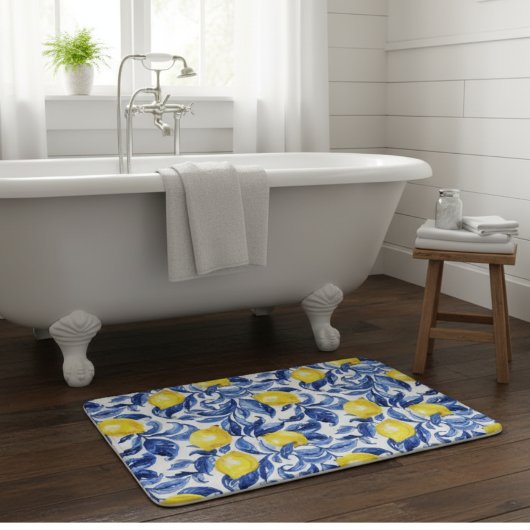 Tapis De Bain Blue Watercolor Lemon Pattern 