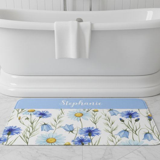 Tapis De Bain Blue Watercolor Wildflower Personalized