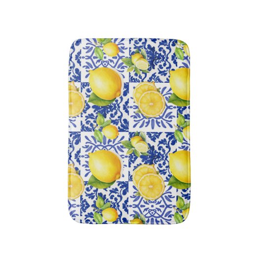 Tapis De Bain Blue White Lemon Tile Pattern Mediterranean Citrus (Devant (Vertical))