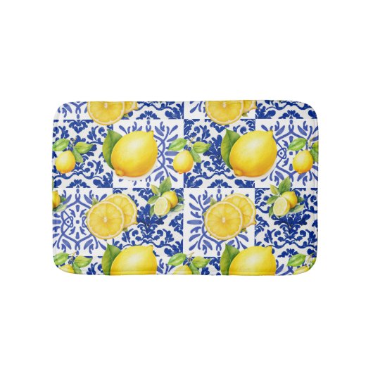 Tapis De Bain Blue White Lemon Tile Pattern Mediterranean Citrus (Devant)