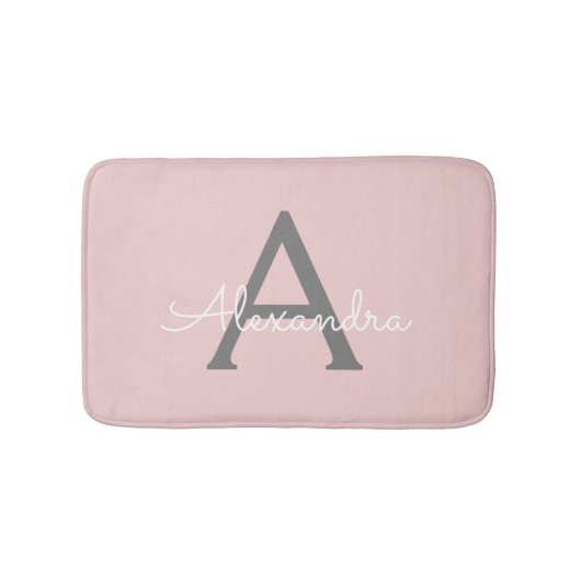 Tapis De Bain Blush Pink Grey Modern Script Girly Monogram (Devant)