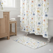 Tapis De Bain Boho Blue Yellow Pink Wildflower Watercolor