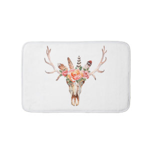 Tapis De Bain BoHo Crâne animal Aquarelle Rose Mat de bain