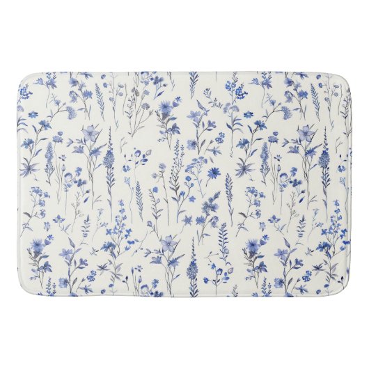 Tapis De Bain Boho Fleurs sauvages bleu et blanc (Devant)