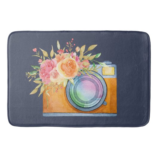 Tapis De Bain Boho Orange Caméra & Bouquet Floral Aquarelle (Devant)