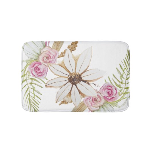 Tapis De Bain Boho Rose Vert Blanc Marron Floral Élégant  (Devant)