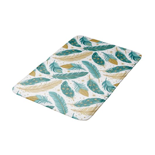 Tapis De Bain Boho Turquoise et or plumes (Angle)