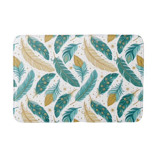 Tapis De Bain Boho Turquoise et or plumes (Devant)