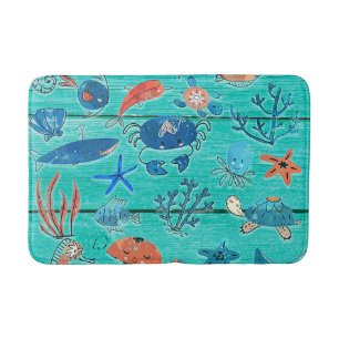 Tapis De Bain Bois de teinte bleue rustique et amis fantaisistes
