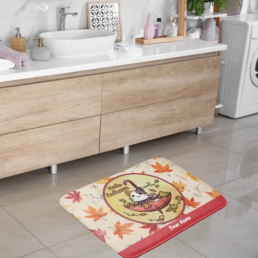 Tapis De Bain Bonjour Automne, Chat mignon assis dans un paraplu