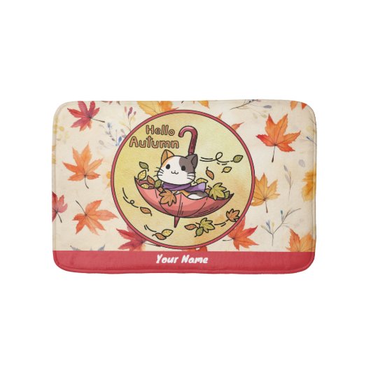 Tapis De Bain Bonjour Automne, Chat mignon assis dans un paraplu (Devant)