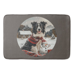 Tapis De Bain Bordure de Noël Collie Chien Snowman