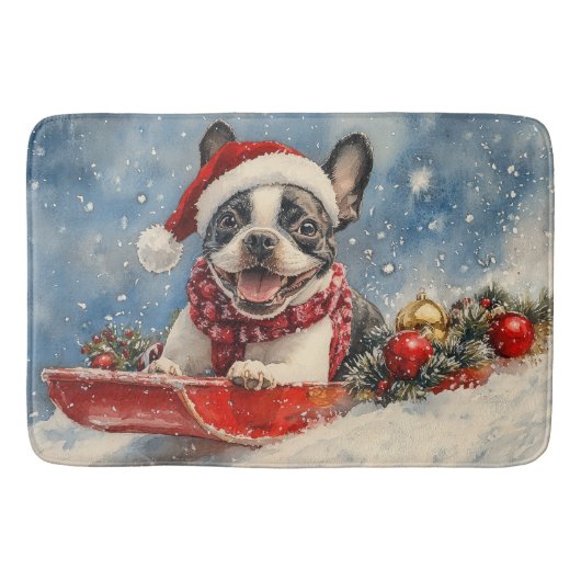 Tapis De Bain Boston Terrier Dog in Sledge Let it Neige Noël (Devant)