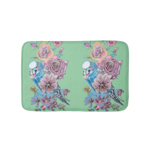 Tapis De Bain Bougie Bleue & Rose Fleurs florales Art vert (Devant)