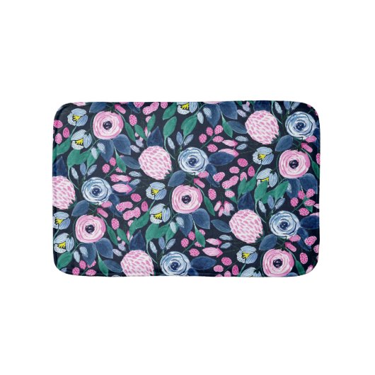 Tapis De Bain Bouquet d'aquarelle bleu marine rose (Devant)