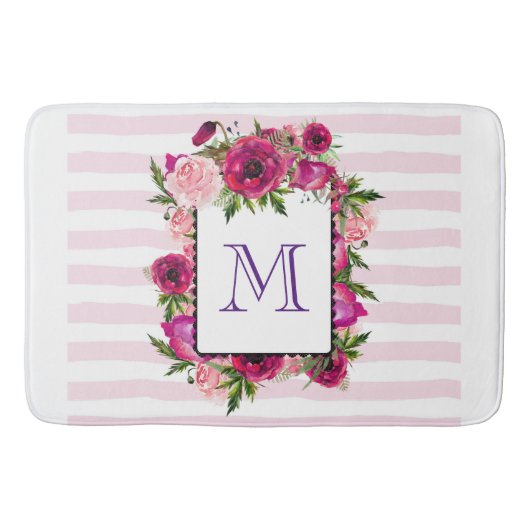 Tapis De Bain Bouquet de fleurs roses et coquelicots sur bandes  (Devant)