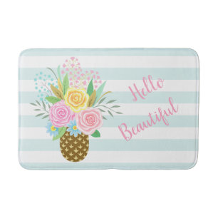 Tapis De Bain Bouquet Rose ananas Bonjour belle Turquoise