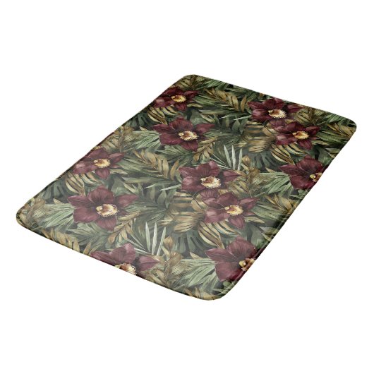 Tapis De Bain Bourgogne Rouge Orchidée Florale Tropicale (Angle)