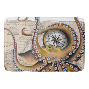 Tapis De Bain Boussole vintage de carte de poulpe Brown