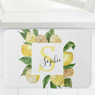 Tapis De Bain Cadres et Feuilles de citrons jaunes modernes avec